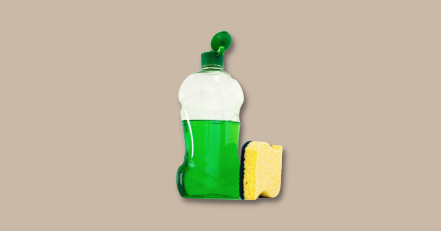 bottle of green dish soap and cleaning scrub against brown background