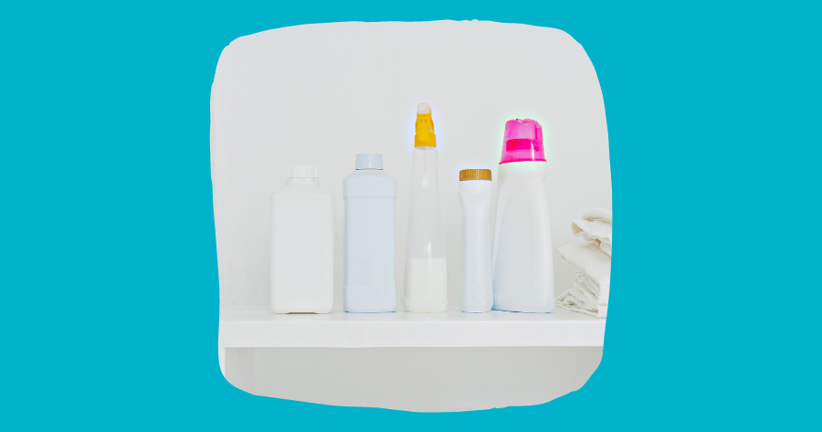 laundry products on top of cabinet
